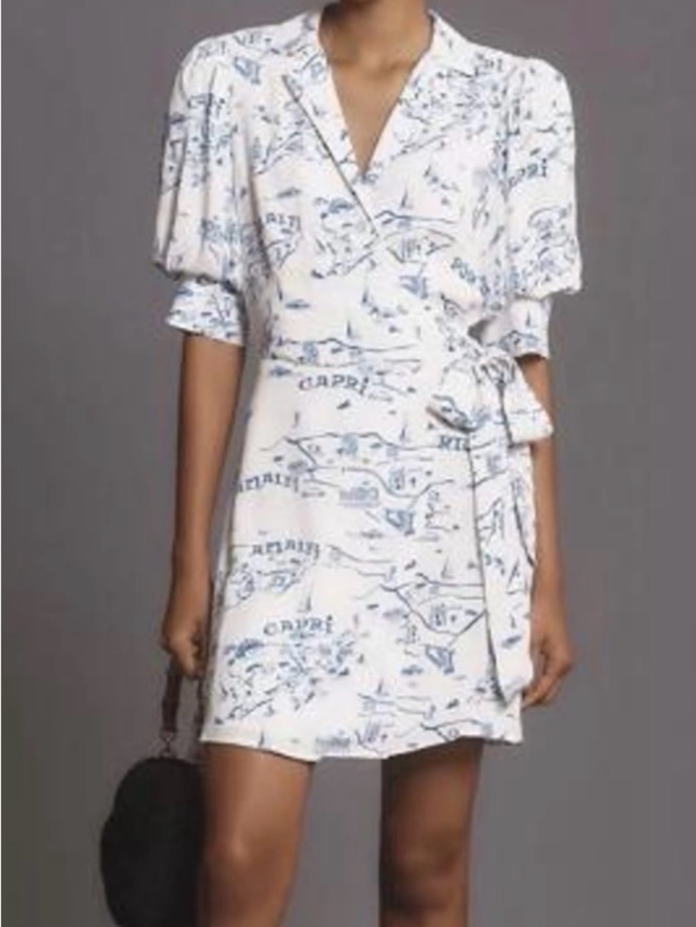 Maeve White Mini Wrap Dress with Blue Print